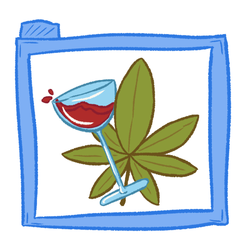  a spilling glass of red wine and a cannabis leaf inside a transparent blue folder.